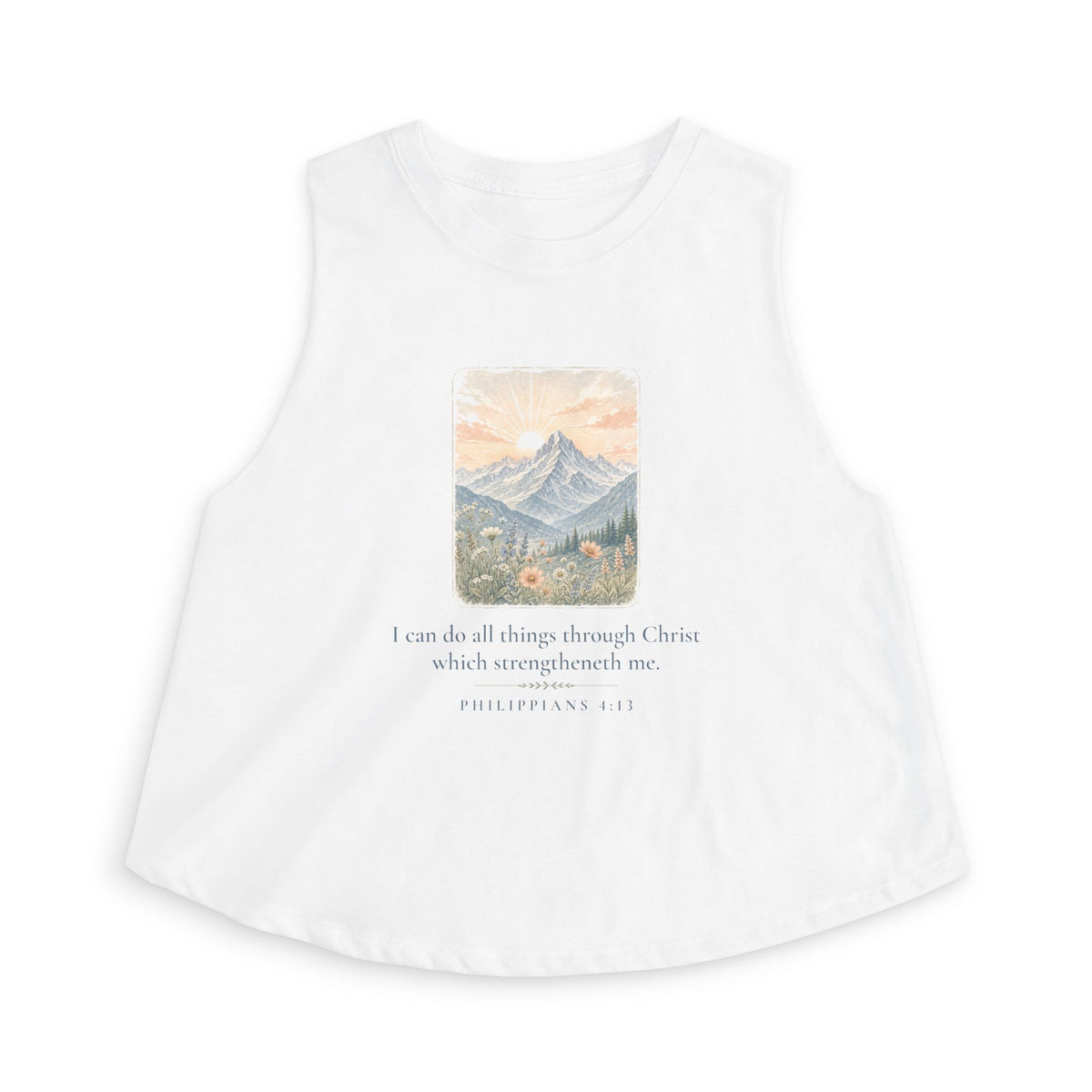 All Things Crop Tank in Solid White Blend, front view: mountain sunrise with wildflowers and the full verse I can do all things through Christ which strengtheneth me. PHILIPPIANS 4:13, Philippians 4:13 (KJV)