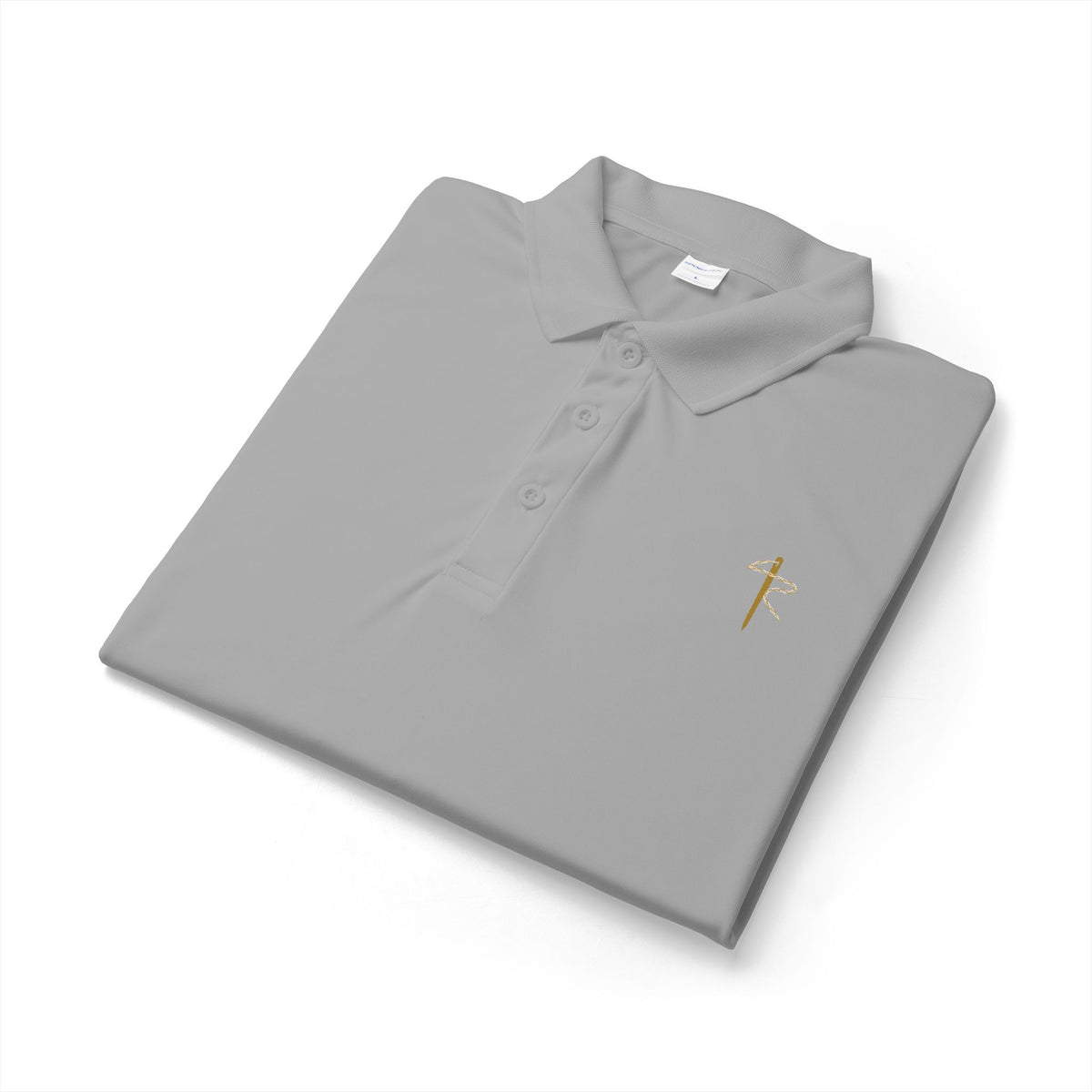Embroidered Gold Cross Polo, polo shirt, Silver, folded, THE CROSS., Galatians 6:14 (KJV)