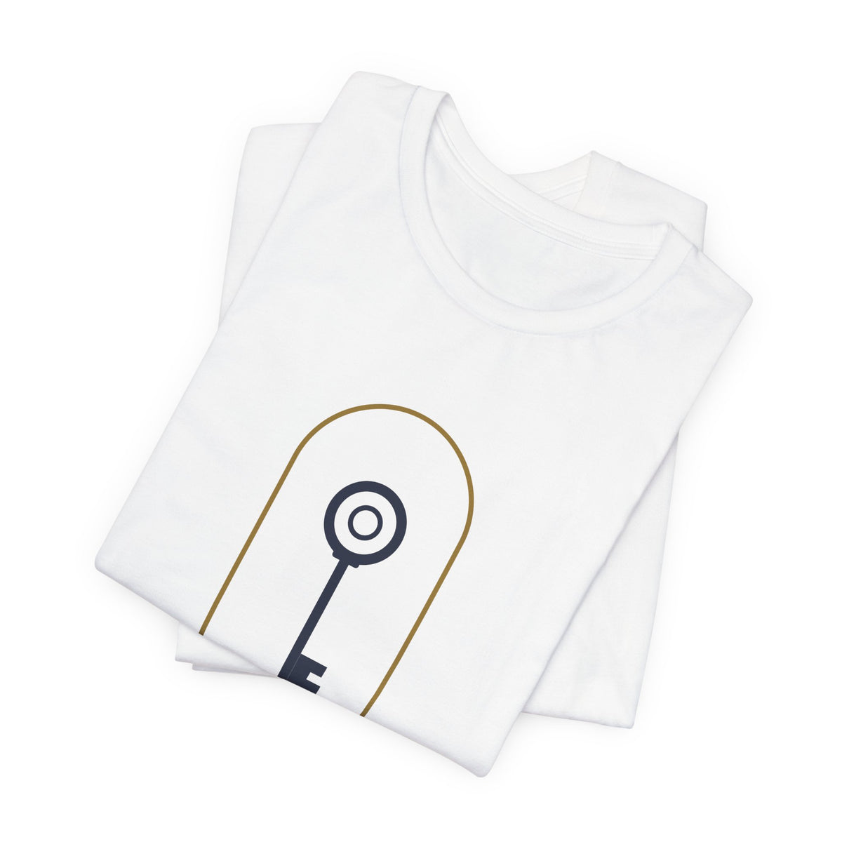 Keys of the Kingdom Tee, t-shirt, White, folded: key in a gold arch, KEYS OF THE KINGDOM and MATTHEW 16:19, Matthew 16:19 (KJV)