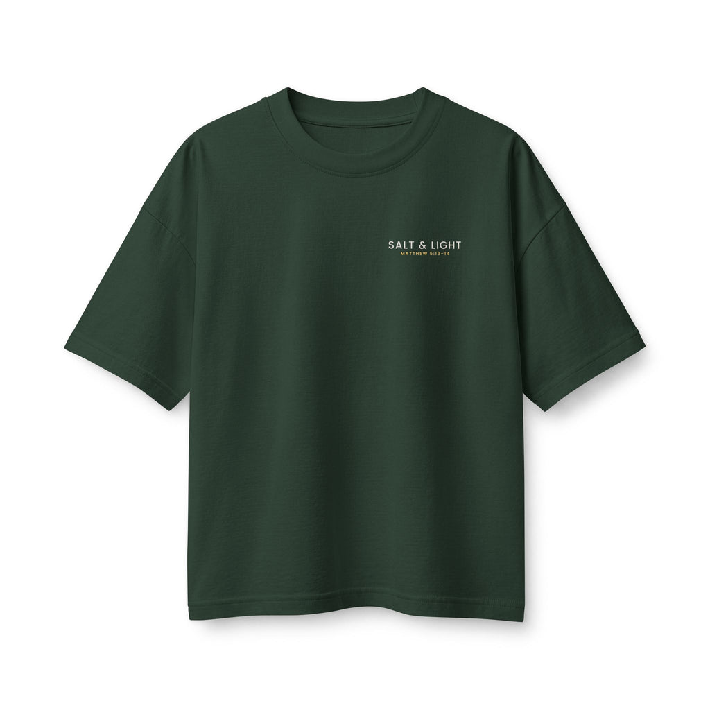 Salt & Light Women's Boxy Tee, Forest, front view, small chest print, SALT & LIGHT., Matthew 5:13–14 (KJV)
