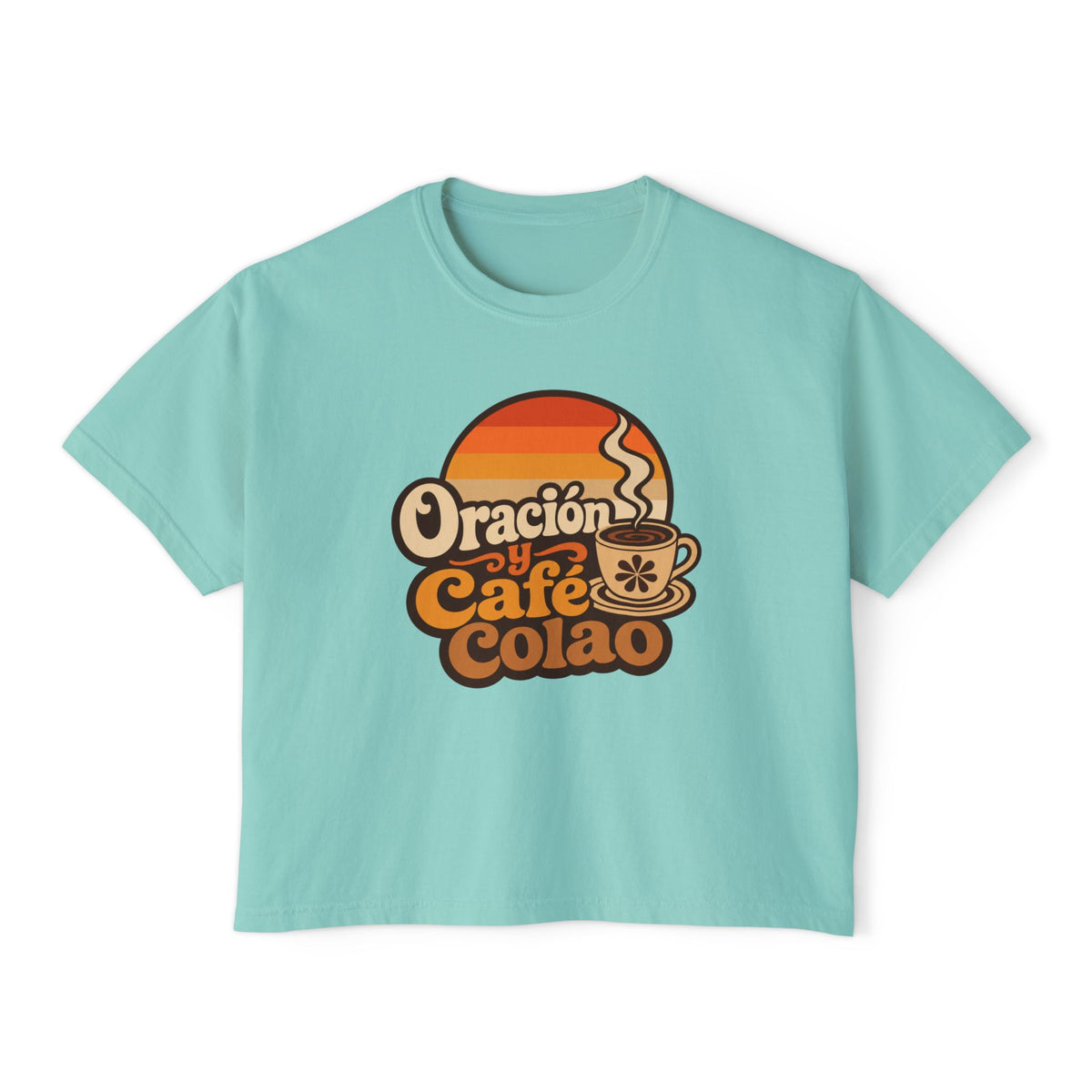 Oración y Café Colao Crop Tee, crop t-shirt, Chalky Mint, front view, ORACIÓN Y CAFÉ COLAO., Psalm 5:3 (KJV)