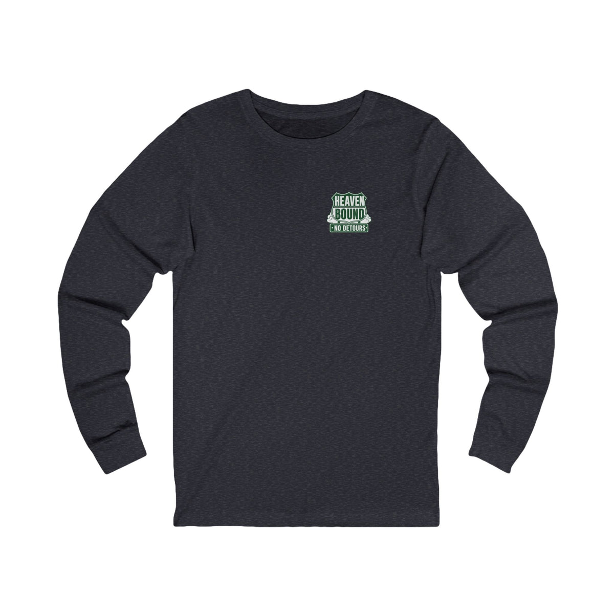 Heaven Bound Long Sleeve Tee, long-sleeve tee, Heather Navy, front view, HEAVEN BOUND. NO DETOURS., Philippians 3:14 (KJV)