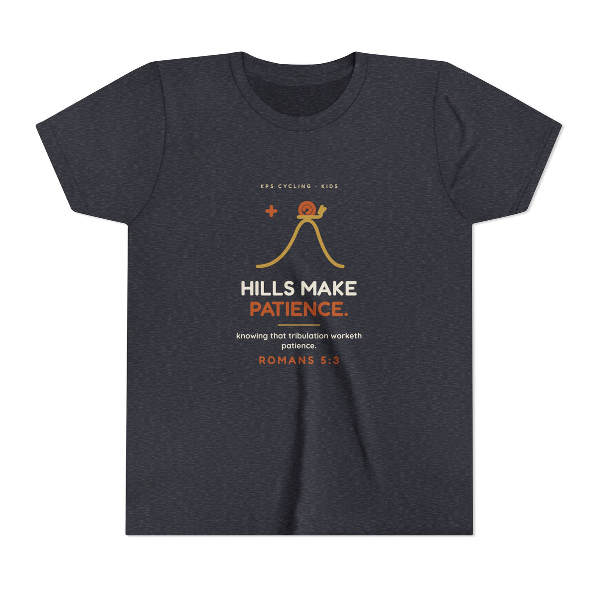 Hills Make Patience Youth Tee, Heather Navy, front view, HILLS MAKE PATIENCE. Romans 5:3 (KJV)