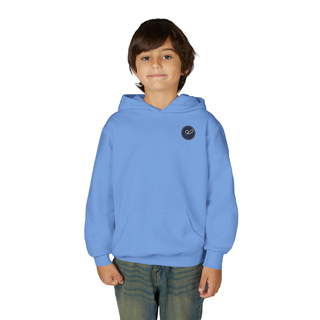 Child of God Youth Hoodie, kids' hoodie, Carolina Blue, front view, worn by a child, A CHILD OF GOD… STILL ASKING “ARE WE THERE YET?”, 1 John 3:2 (KJV)
