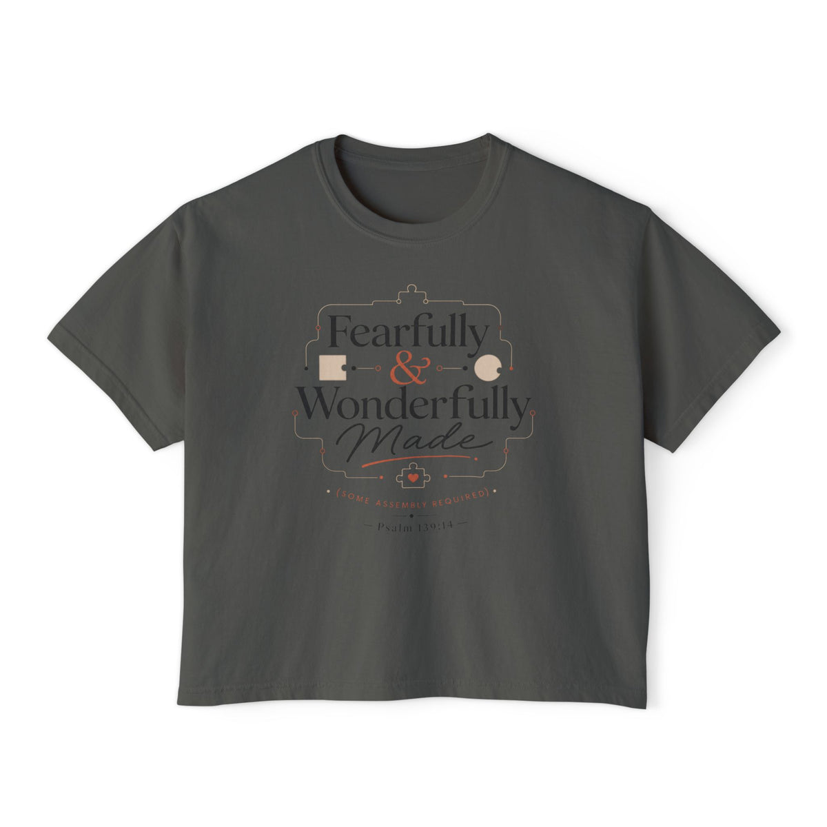 Fearfully Made Crop Tee, crop t-shirt, Pepper, front view, FEARFULLY & WONDERFULLY MADE., Psalm 139:14 (KJV)