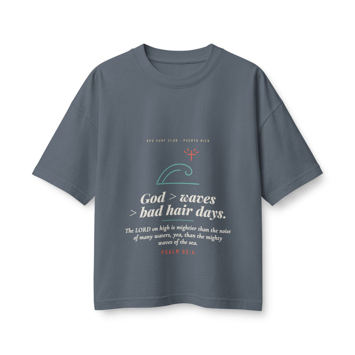 God > Waves > Bad Hair Days Women's Boxy Tee, Vintage Navy, front view, GOD > WAVES > BAD HAIR DAYS. Psalm 93:4 (KJV)
