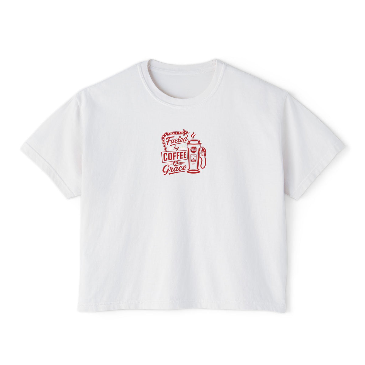 Fueled by Coffee & Grace Crop Tee, crop t-shirt, White, front view, FUELED BY COFFEE & GRACE., 2 Corinthians 12:9 (KJV)