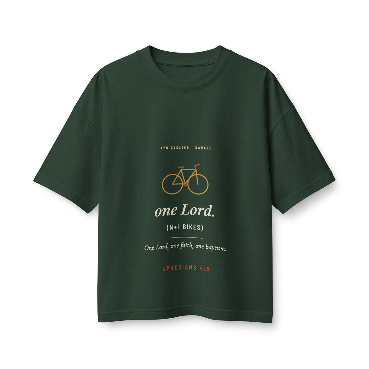 One Lord N+1 Bikes Women's Boxy Tee, Forest, front view, ONE LORD. (N+1 BIKES.) Ephesians 4:5 (KJV)