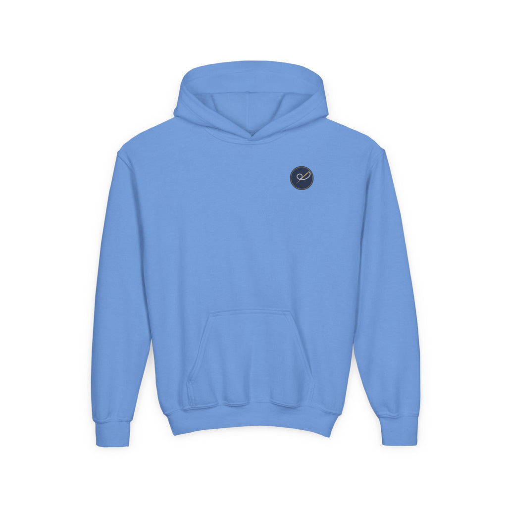 Child of God Youth Hoodie, kids' hoodie, Carolina Blue, front view, A CHILD OF GOD… STILL ASKING “ARE WE THERE YET?”, 1 John 3:2 (KJV)