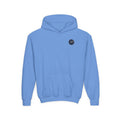 Child of God Youth Hoodie, kids' hoodie, Carolina Blue, front view, A CHILD OF GOD… STILL ASKING “ARE WE THERE YET?”, 1 John 3:2 (KJV)