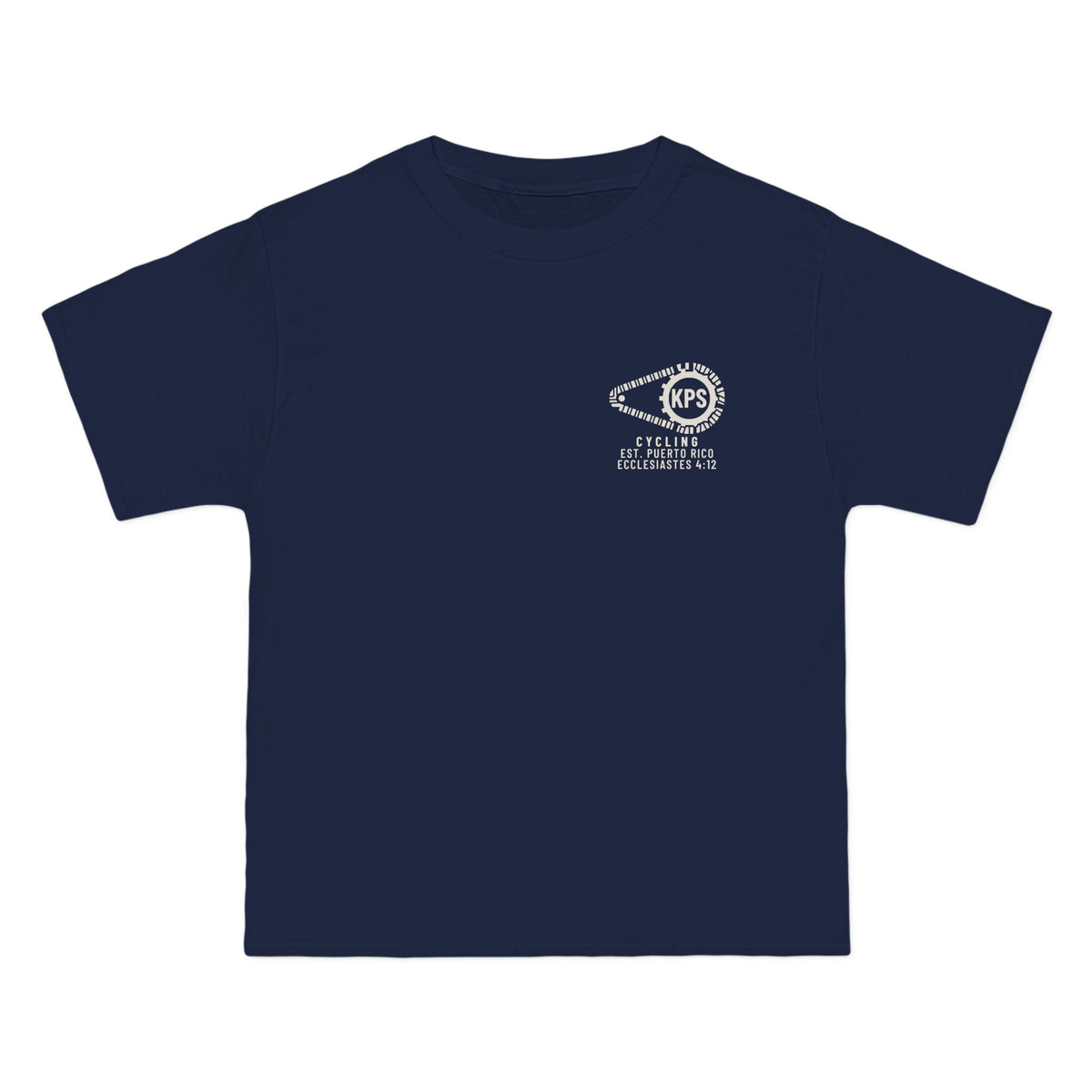 KPS Cycling Club Tee, Navy, front view, KPS CYCLING CLUB. Ecclesiastes 4:12 (KJV)