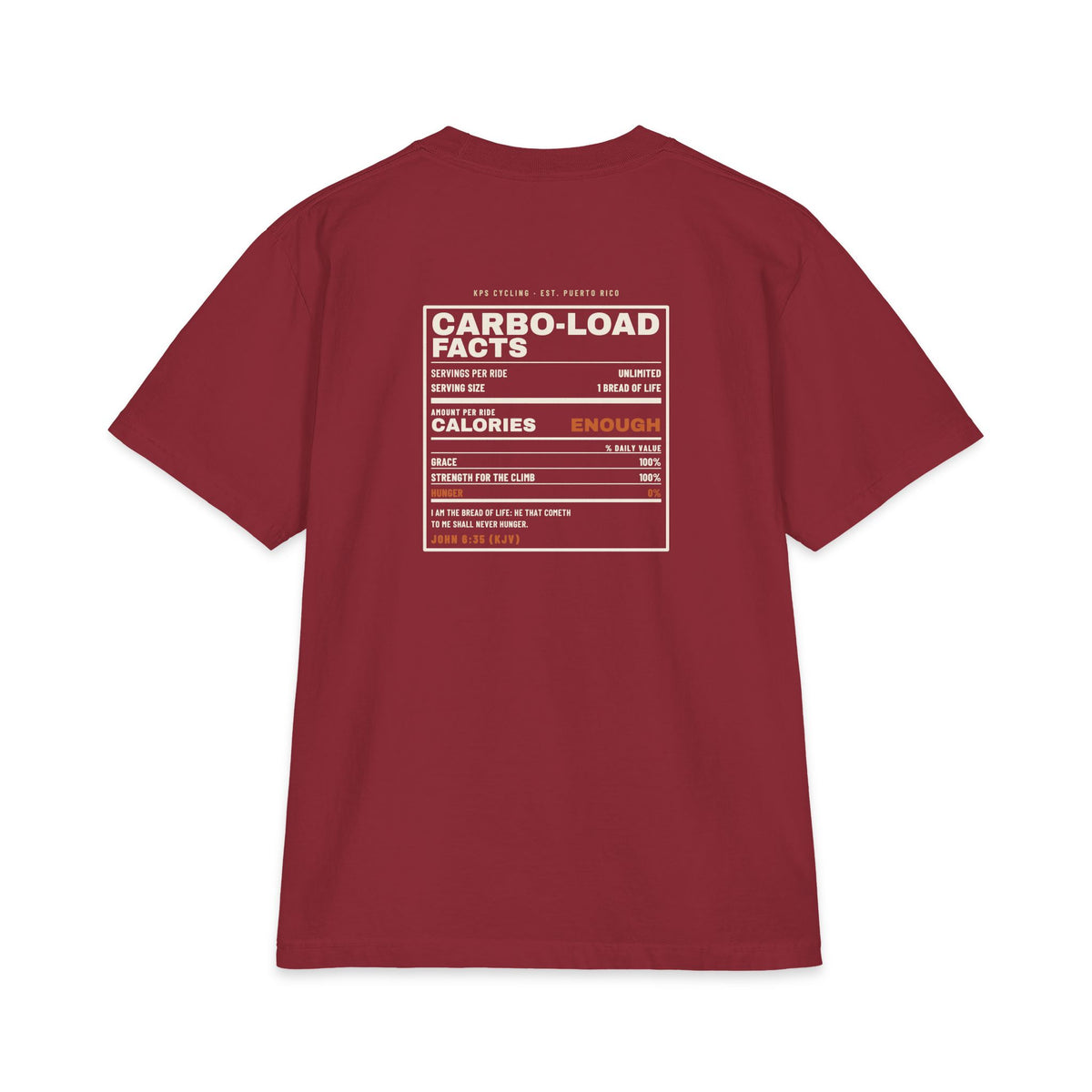 Carbo-Load Facts Cycling Tee, Burgundy, back view, CARBO-LOAD FACTS. John 6:35 (KJV)