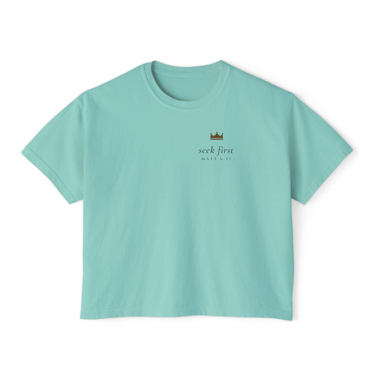 Seek First Minimal Crop Tee, t-shirt, Chalky Mint, front view, SEEK FIRST., Matthew 6:33 (KJV)