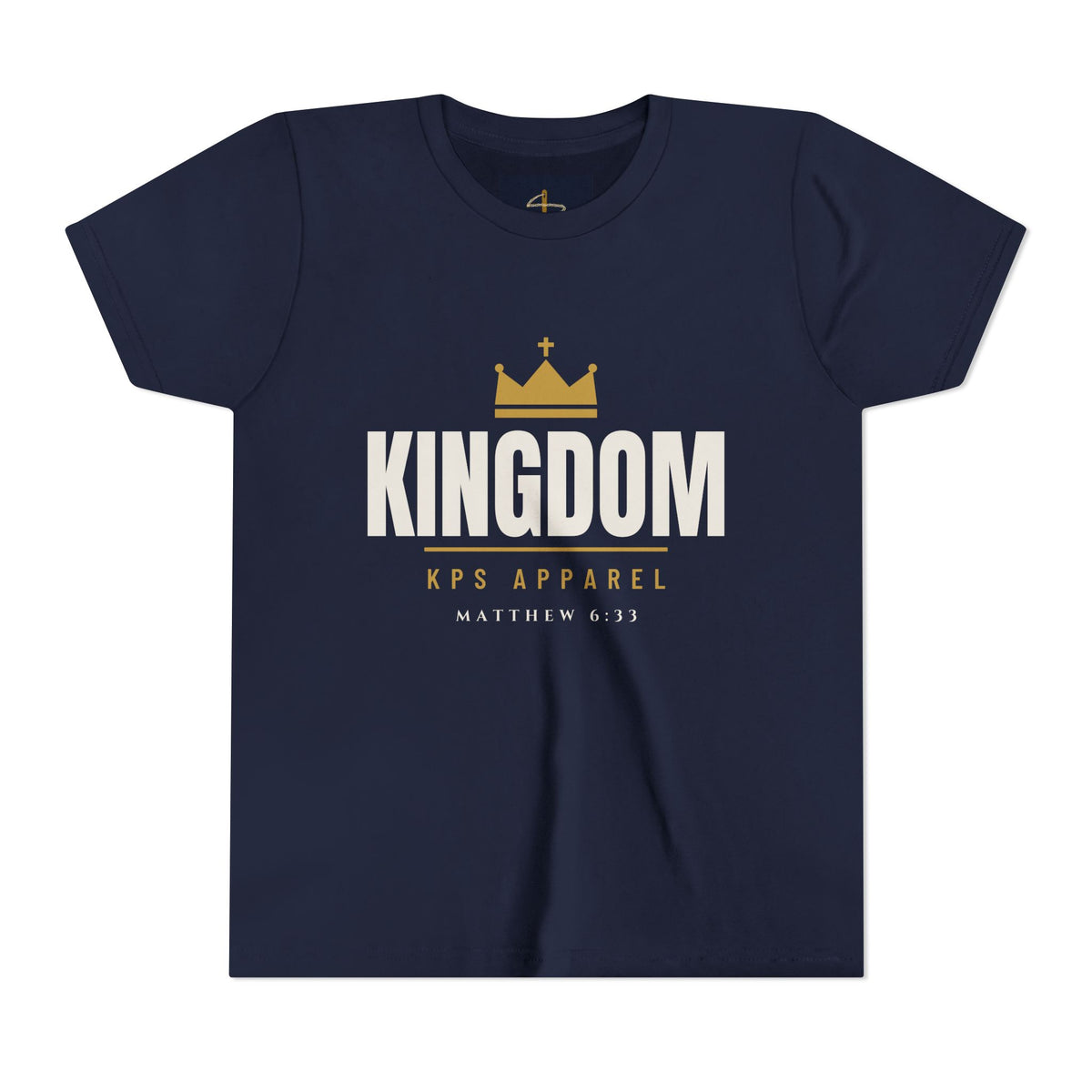 Kids Kingdom Tee in Navy, front print: crown and KINGDOM wordmark, Matthew 6:33 (KJV)