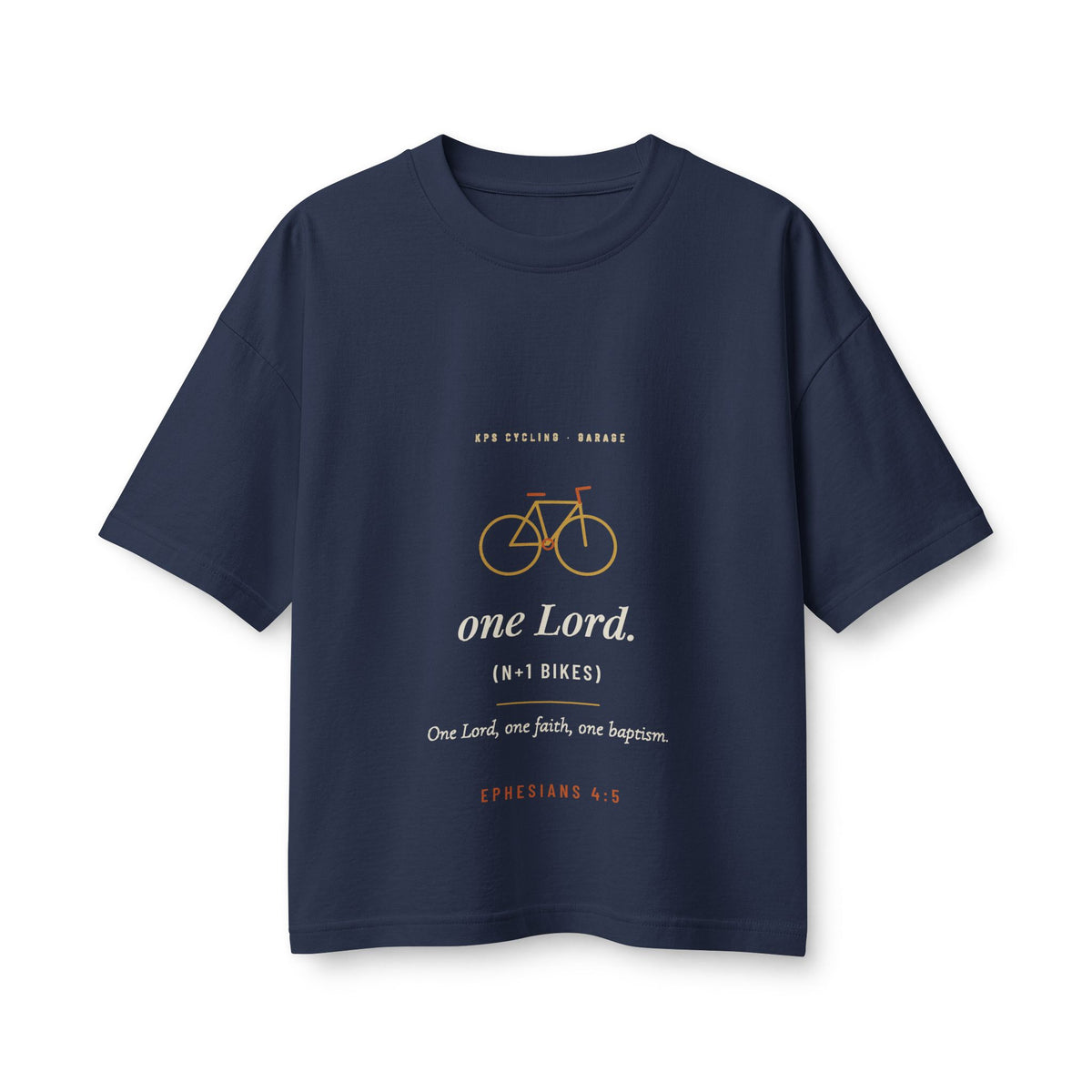 One Lord N+1 Bikes Women's Boxy Tee, Navy, front view, ONE LORD. (N+1 BIKES.) Ephesians 4:5 (KJV)