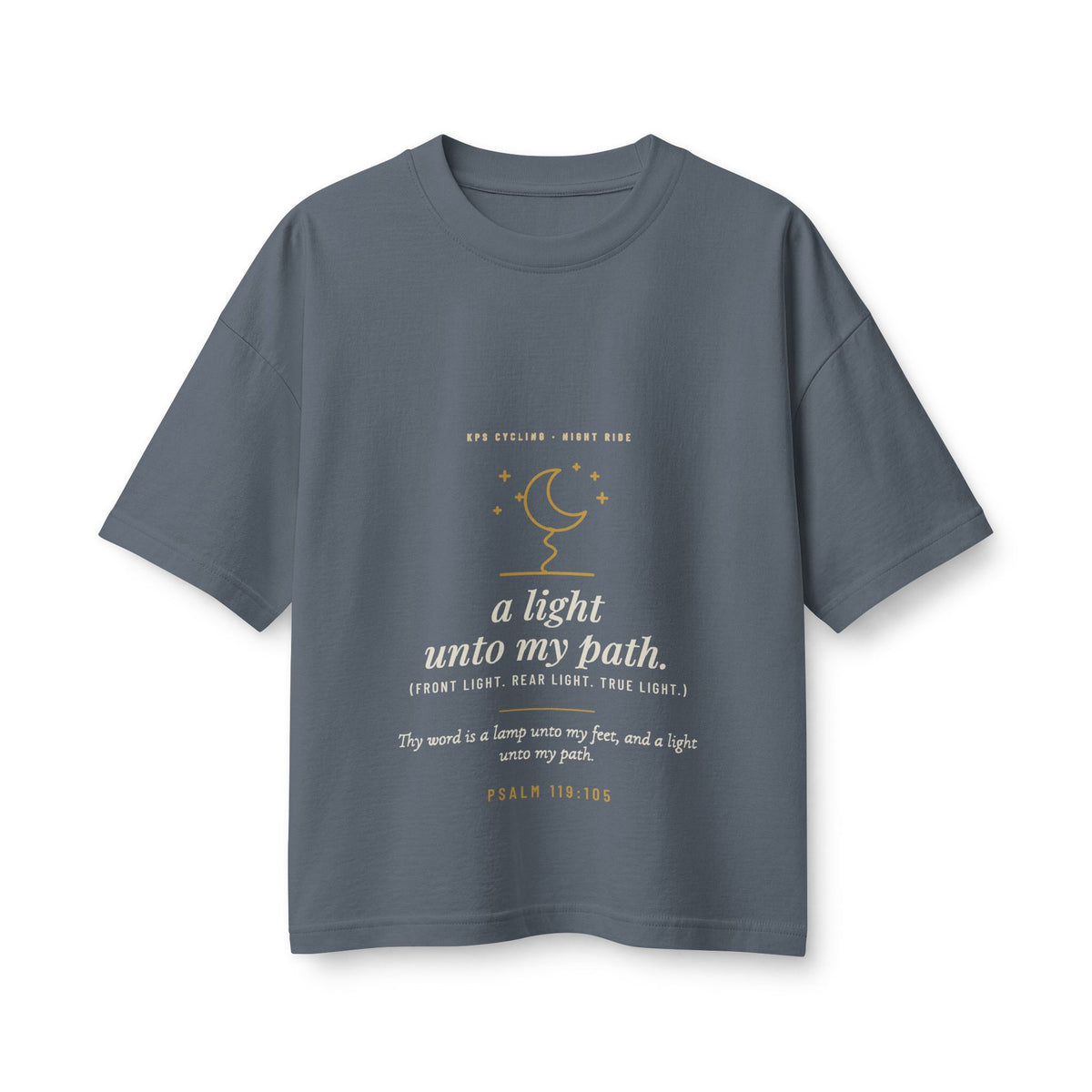 A Light Unto My Path Women's Boxy Tee, Vintage Navy, front view, A LIGHT UNTO MY PATH. (FRONT LIGHT. REAR LIGHT. TRUE LIGHT.) Psalm 119:105 (KJV)