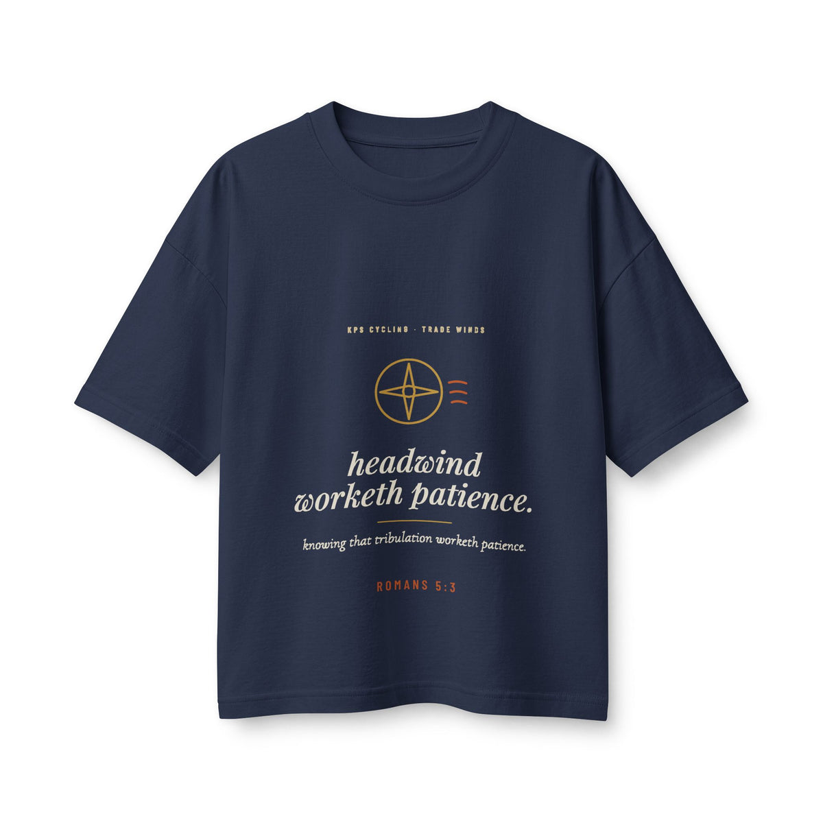 Headwind Worketh Patience Women's Boxy Tee, Navy, front view, HEADWIND WORKETH PATIENCE. Romans 5:3 (KJV)