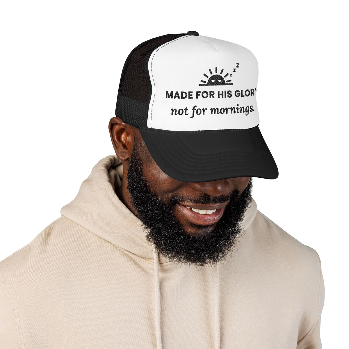 His Glory Cap in Black/White, worn by a man: sleepy sunrise with MADE FOR HIS GLORY not for mornings., Isaiah 43:7 (KJV)