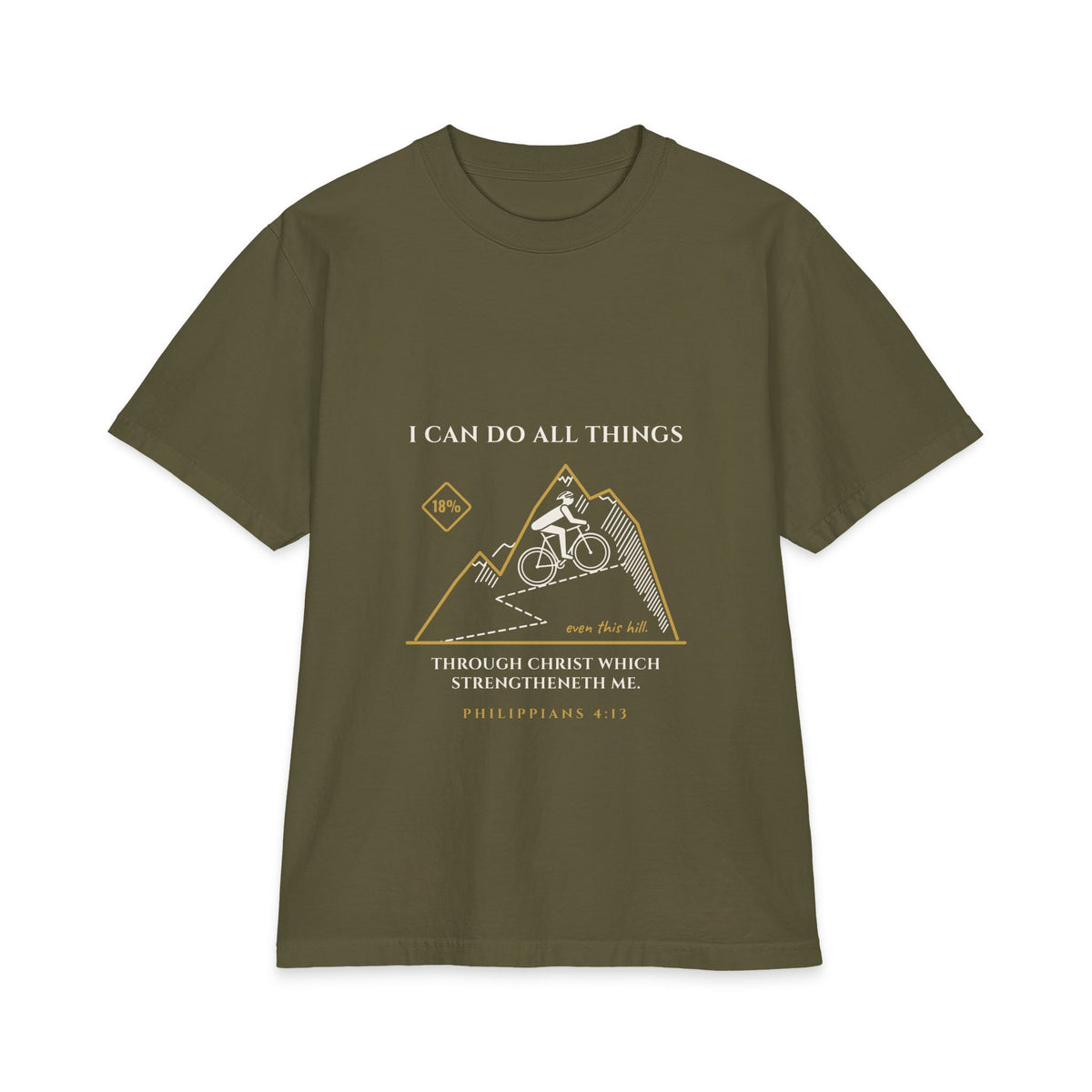 I Can Do All Things (Even This Hill) Cycling Tee, Hunter Green, front view, I CAN DO ALL THINGS. (EVEN THIS HILL.) Philippians 4:13 (KJV)