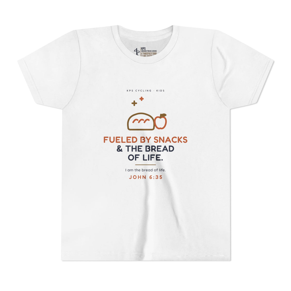Fueled by Snacks & the Bread of Life Youth Tee, White, front view, FUELED BY SNACKS & THE BREAD OF LIFE., John 6:35 (KJV)