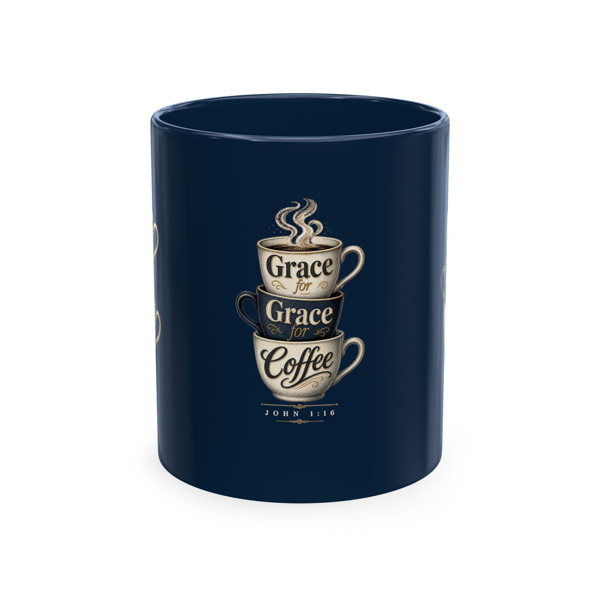 Grace & Coffee Mug, 11oz, Wedgewood Blue, front: Grace for Grace for Coffee stacked cups design, John 1:16 (KJV)
