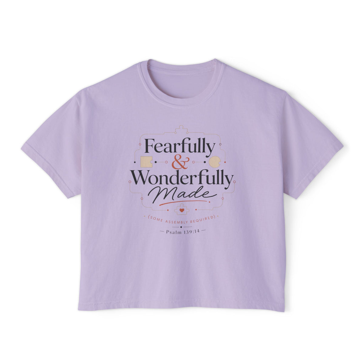 Fearfully Made Crop Tee, crop t-shirt, Orchid, front view, FEARFULLY & WONDERFULLY MADE., Psalm 139:14 (KJV)
