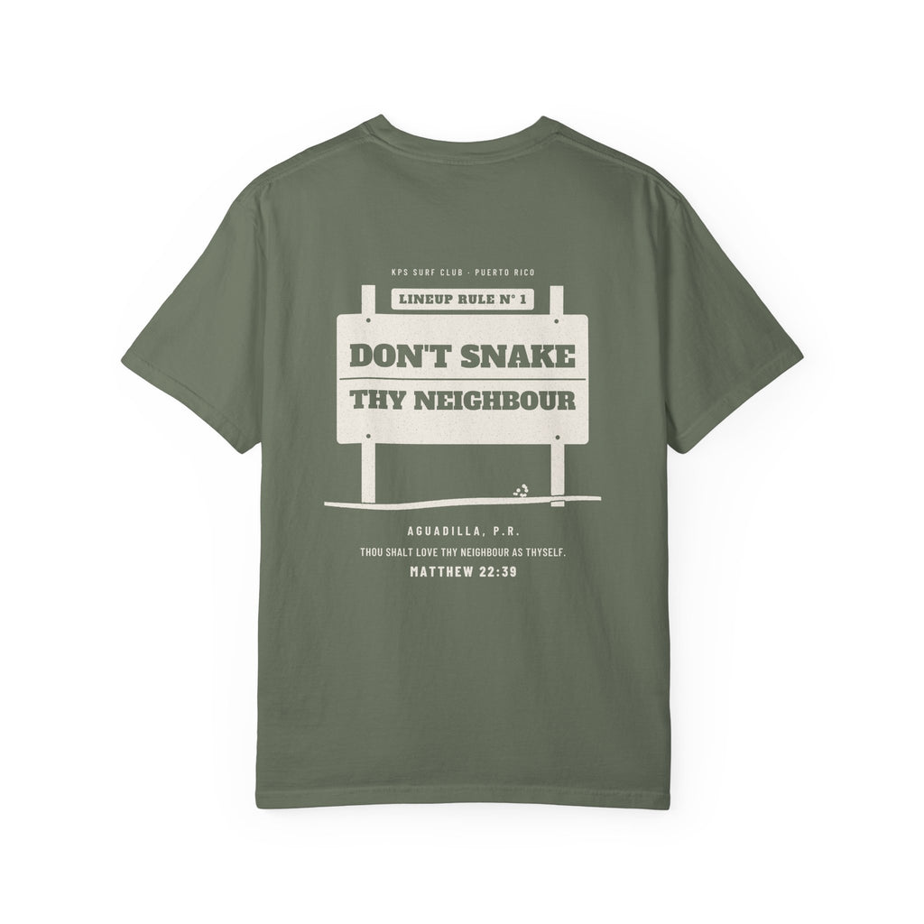 Don't Snake Thy Neighbour Surf Tee, Moss, back view, DON'T SNAKE THY NEIGHBOUR. Matthew 22:39 (KJV)
