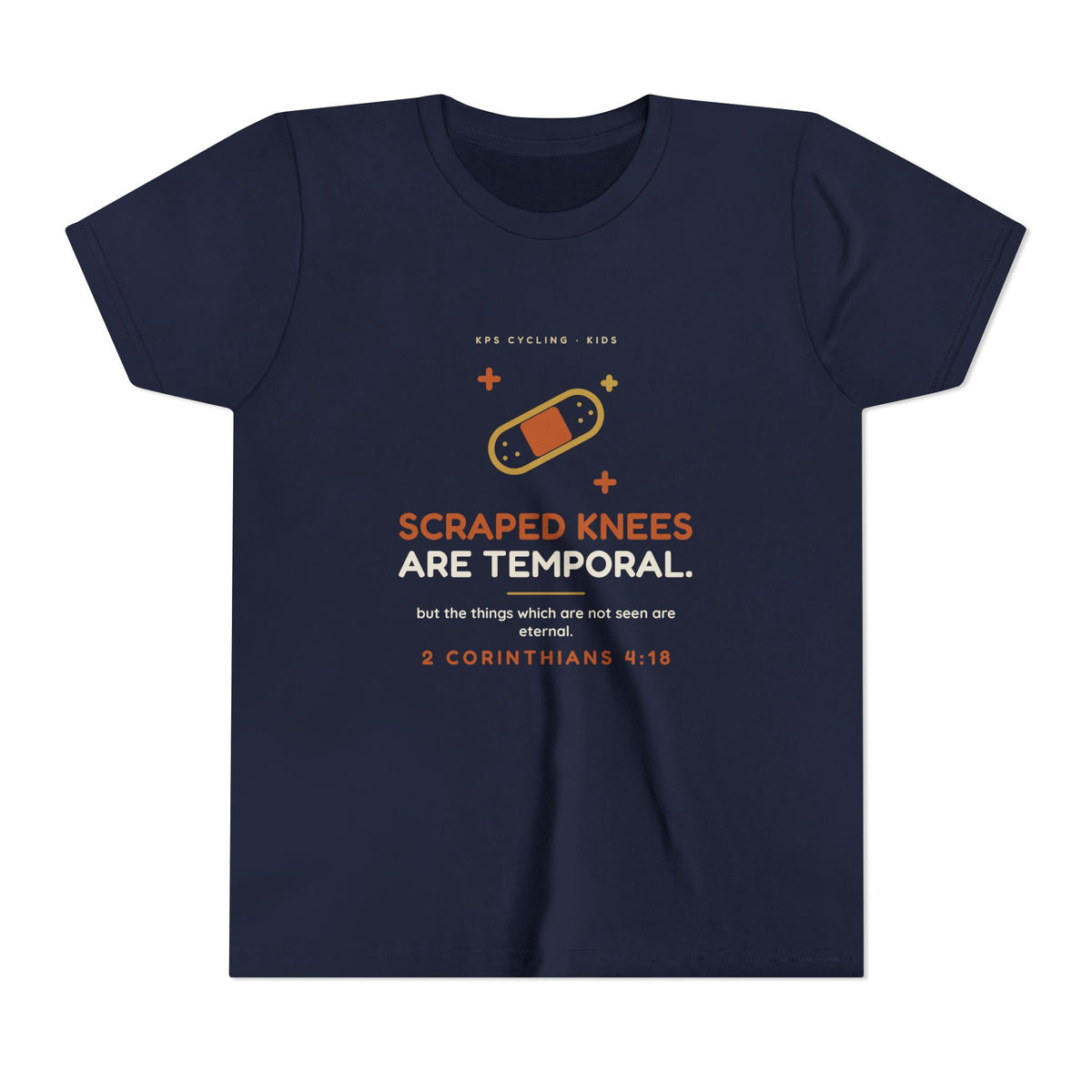 Scraped Knees Are Temporal Youth Tee, Navy, front view, SCRAPED KNEES ARE TEMPORAL. 2 Corinthians 4:18 (KJV)