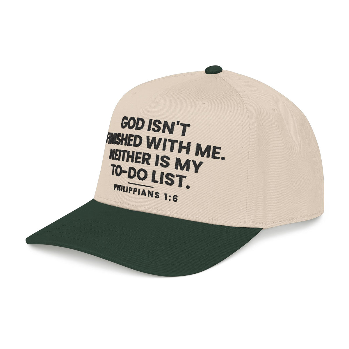 Not Finished Cap, Royal/Natural, side view, GOD ISN'T FINISHED WITH ME. NEITHER IS MY TO-DO LIST., Philippians 1:6 (KJV)