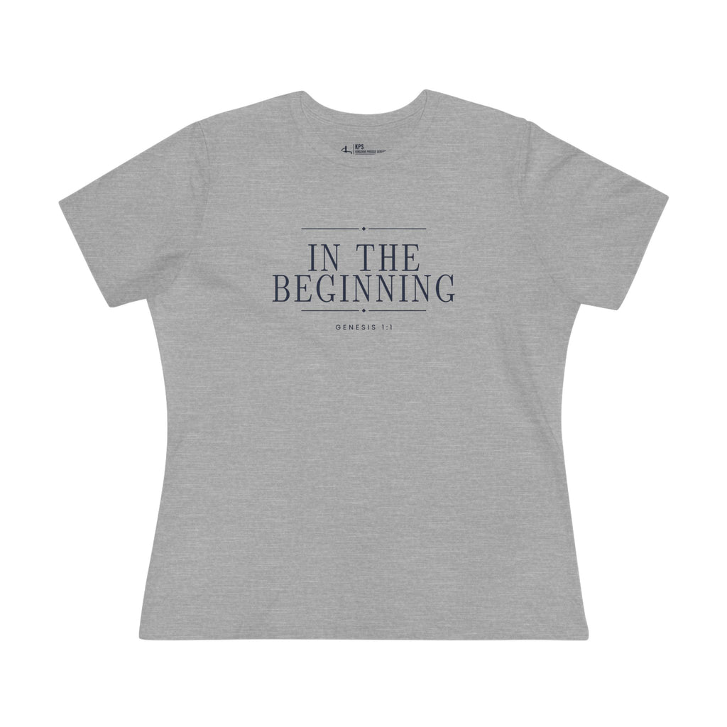 In The Beginning Women's Tee, Athletic Heather, front view, IN THE BEGINNING., Genesis 1:1 (KJV)