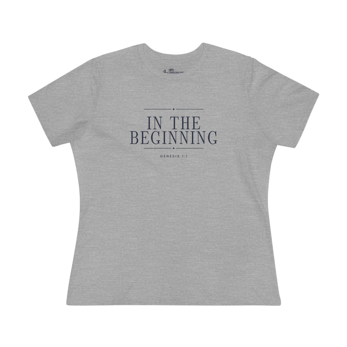 In The Beginning Women's Tee, Athletic Heather, front view, IN THE BEGINNING., Genesis 1:1 (KJV)