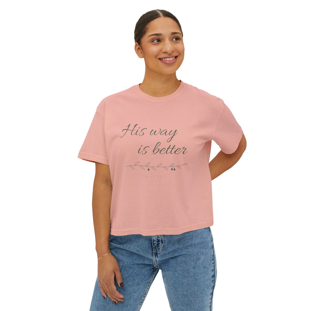 His Way Is Better Crop Tee, crop t-shirt, Peachy, front view, worn by a woman, HIS WAY IS BETTER., Isaiah 55:9 (KJV)