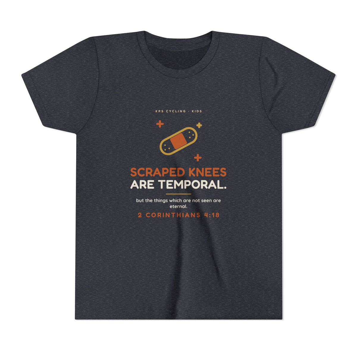 Scraped Knees Are Temporal Youth Tee, Heather Navy, front view, SCRAPED KNEES ARE TEMPORAL. 2 Corinthians 4:18 (KJV)