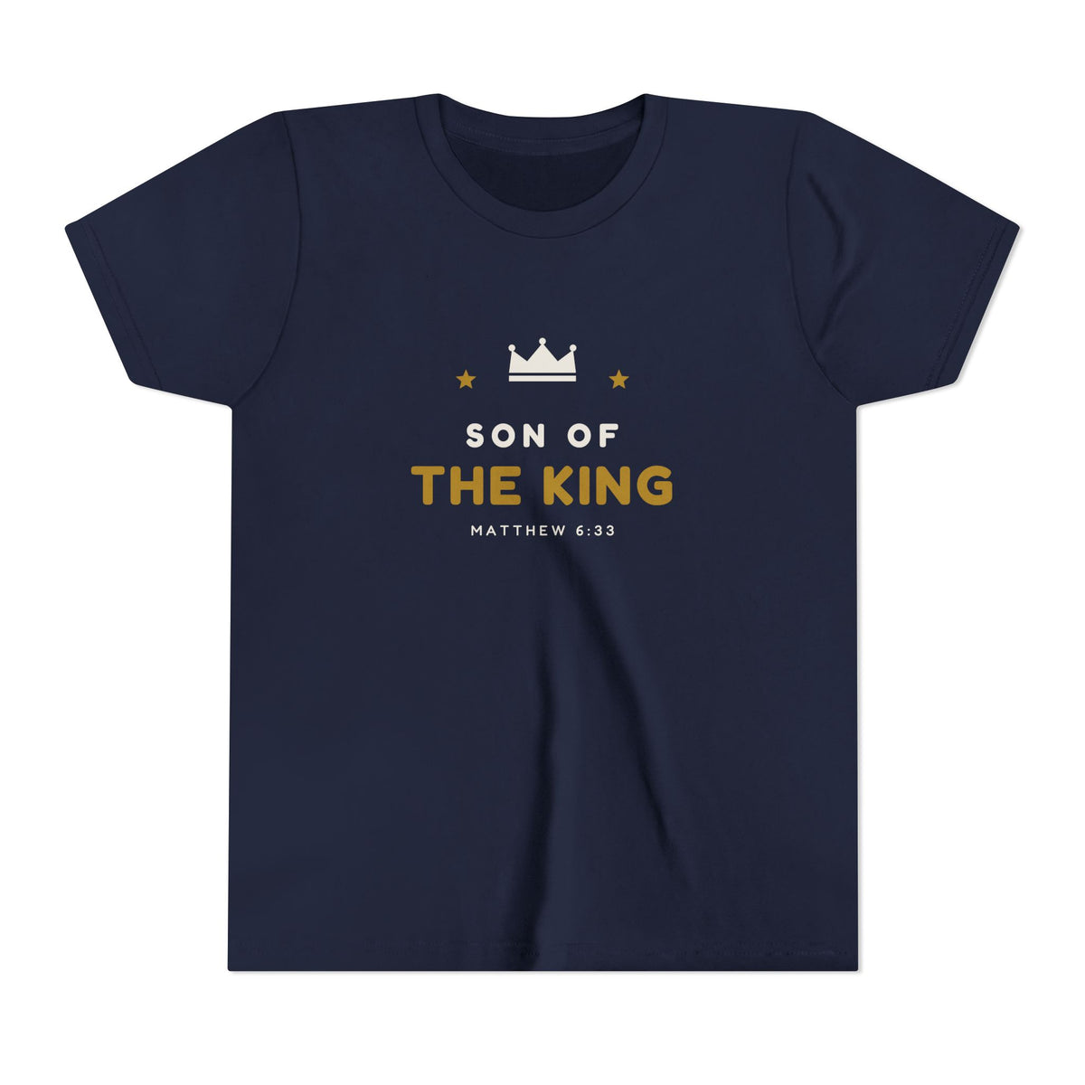 Son of the King Youth Tee, kids' t-shirt, Navy, front view, SON OF THE KING., Matthew 6:33 (KJV)