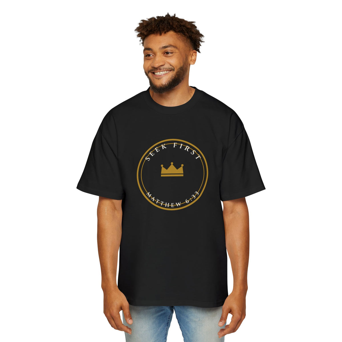 Seek First Crest Oversized Tee, t-shirt, Black, front view, worn, SEEK FIRST., Matthew 6:33 (KJV)