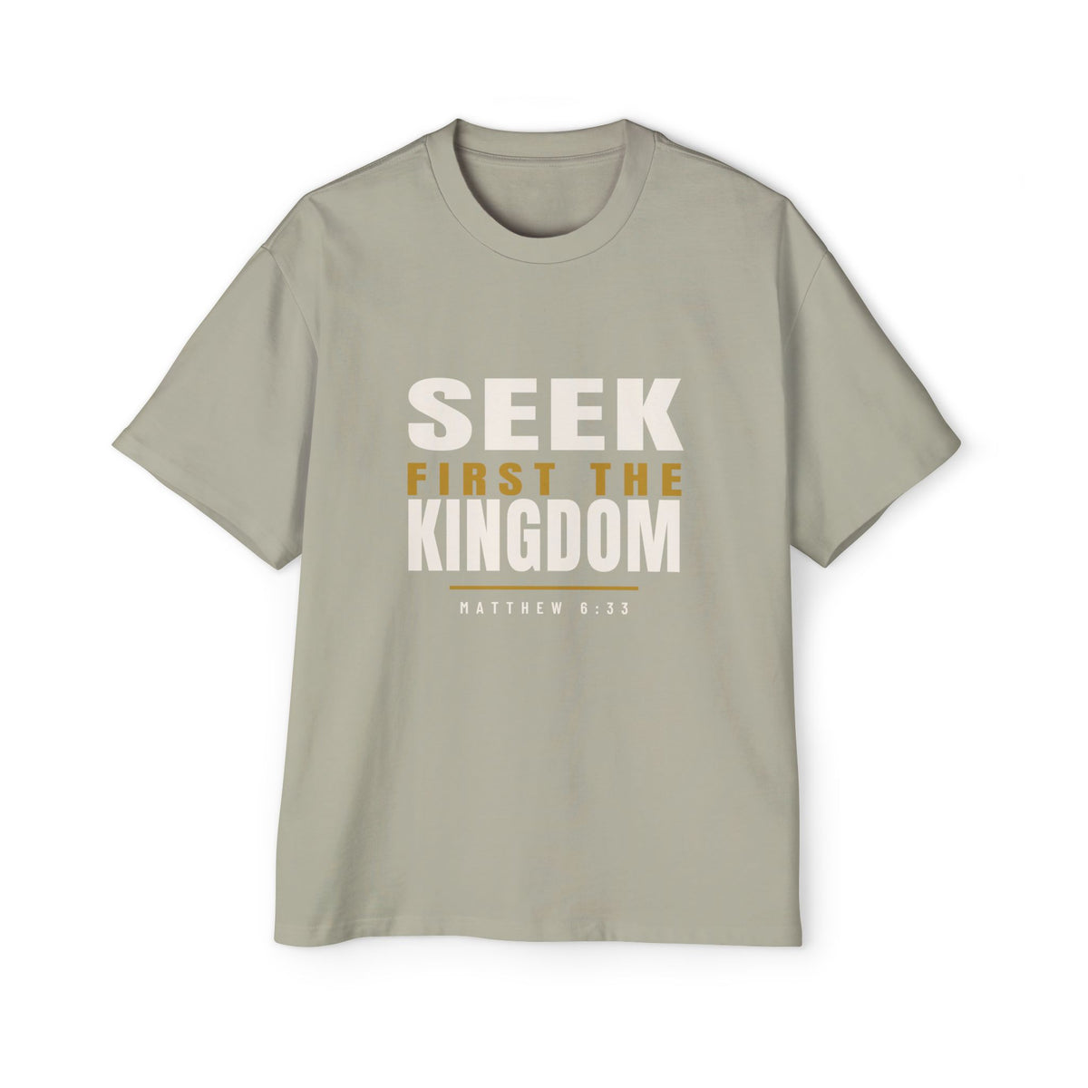 Seek First Block Oversized Tee, t-shirt, Faded Eucalyptus, front view, SEEK FIRST., Matthew 6:33 (KJV)