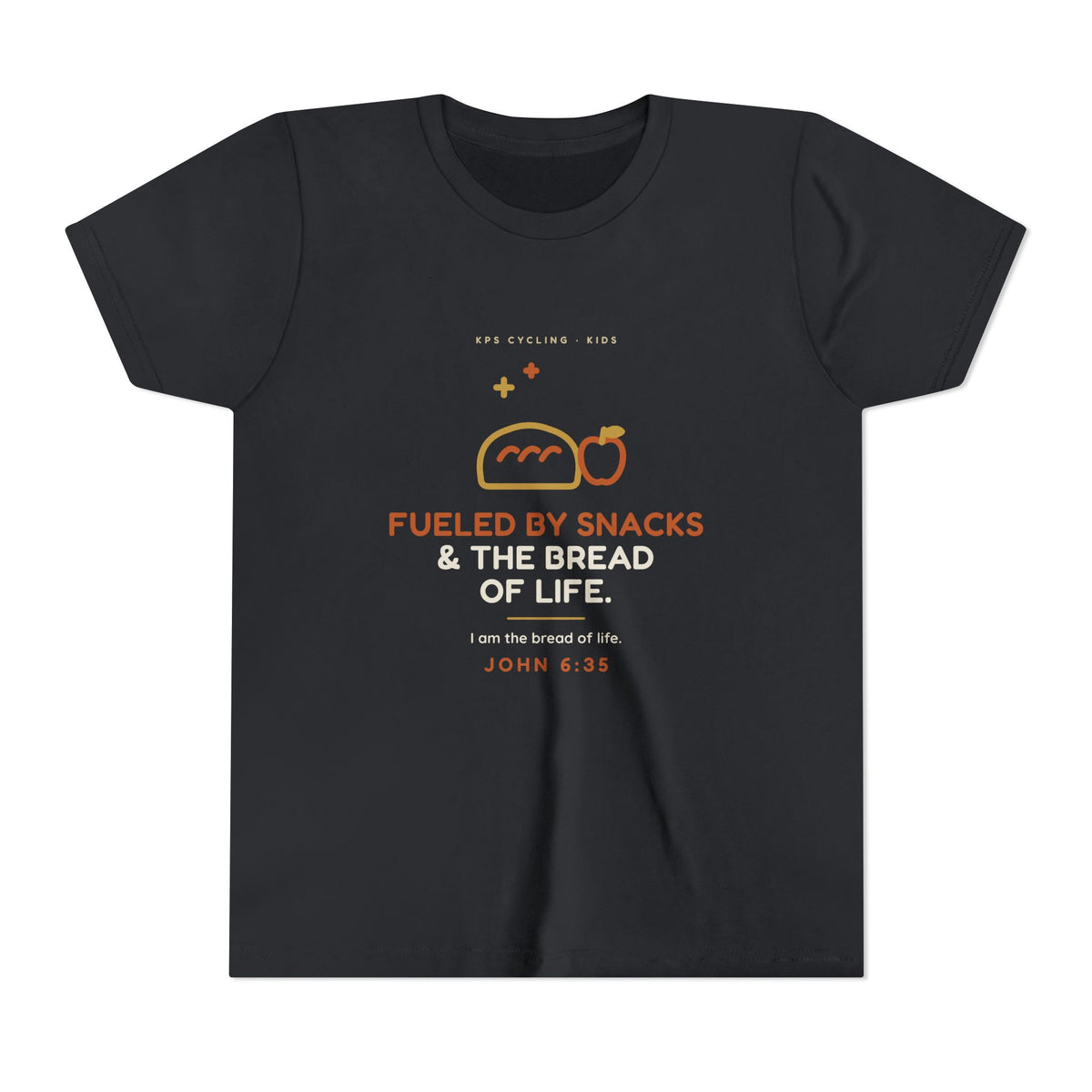 Fueled by Snacks & the Bread of Life Youth Tee, Vintage Black, front view, FUELED BY SNACKS & THE BREAD OF LIFE. John 6:35 (KJV)