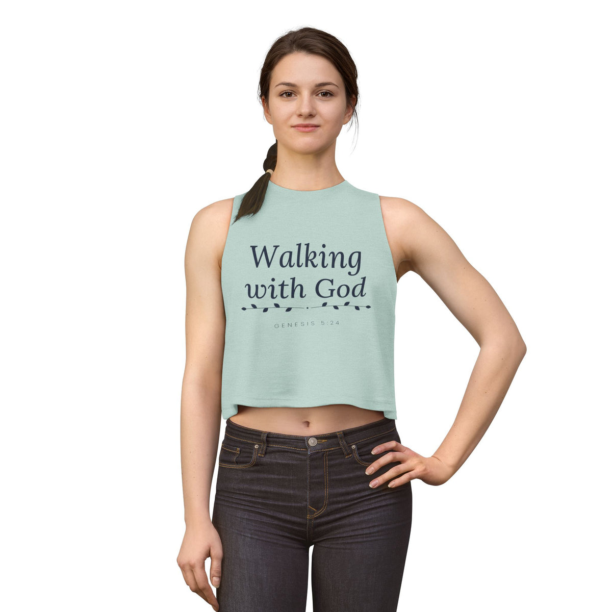 Walking With God Crop Tank, crop tank, Heather Dusty Blue, front view, worn by a woman, WALKING WITH GOD., Genesis 5:24 (KJV)