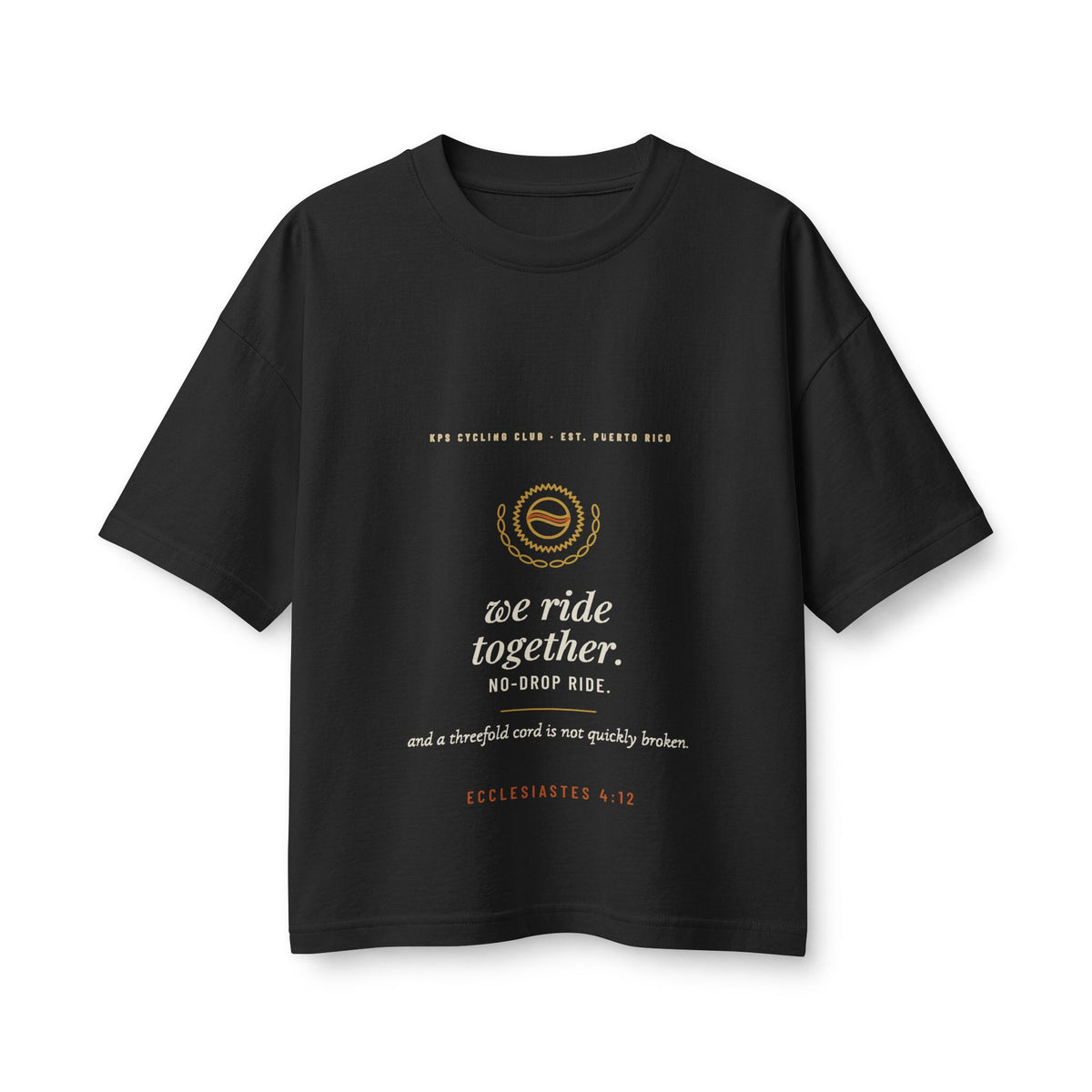 We Ride Together Women's Boxy Tee, Vintage Black, front view, WE RIDE TOGETHER. (NO-DROP RIDE.) Ecclesiastes 4:12 (KJV)