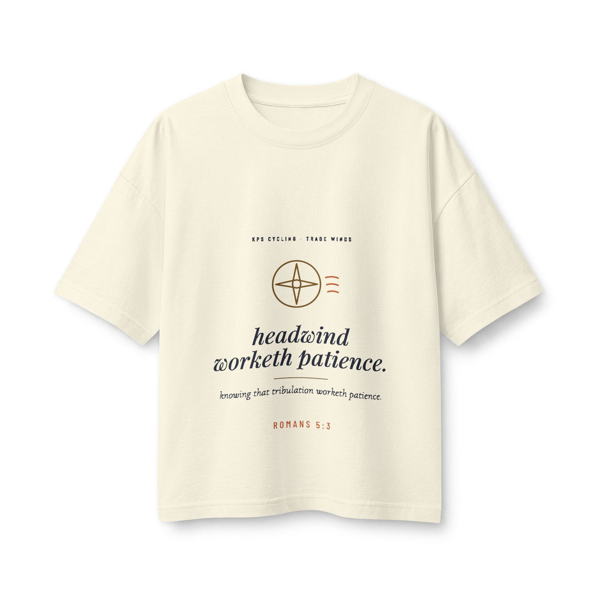 Headwind Worketh Patience Women's Boxy Tee, Natural, front view, HEADWIND WORKETH PATIENCE. Romans 5:3 (KJV)