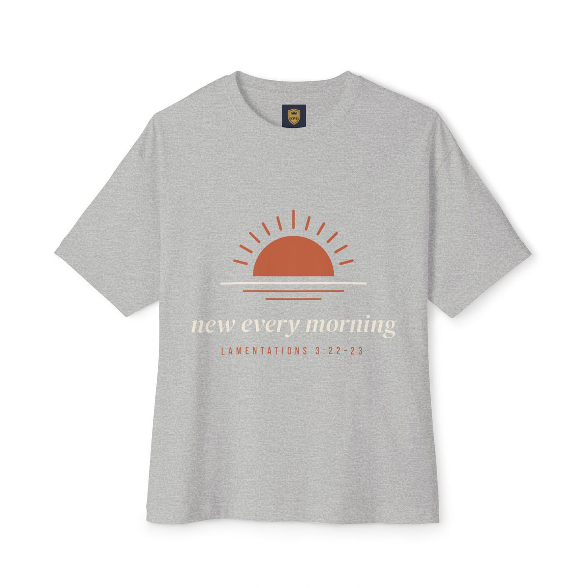 New Every Morning Tee, t-shirt, Heather Grey, front view, NEW EVERY MORNING., Lamentations 3:22–23 (KJV)