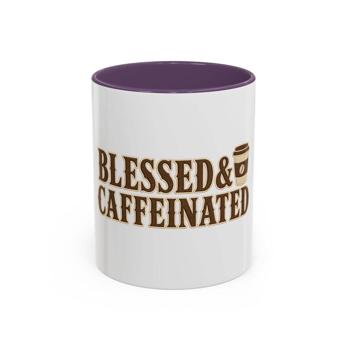 Blessed & Caffeinated Mug, mug, Purple inside and handle, front view, BLESSED & CAFFEINATED., Lamentations 3:22–23 (KJV)