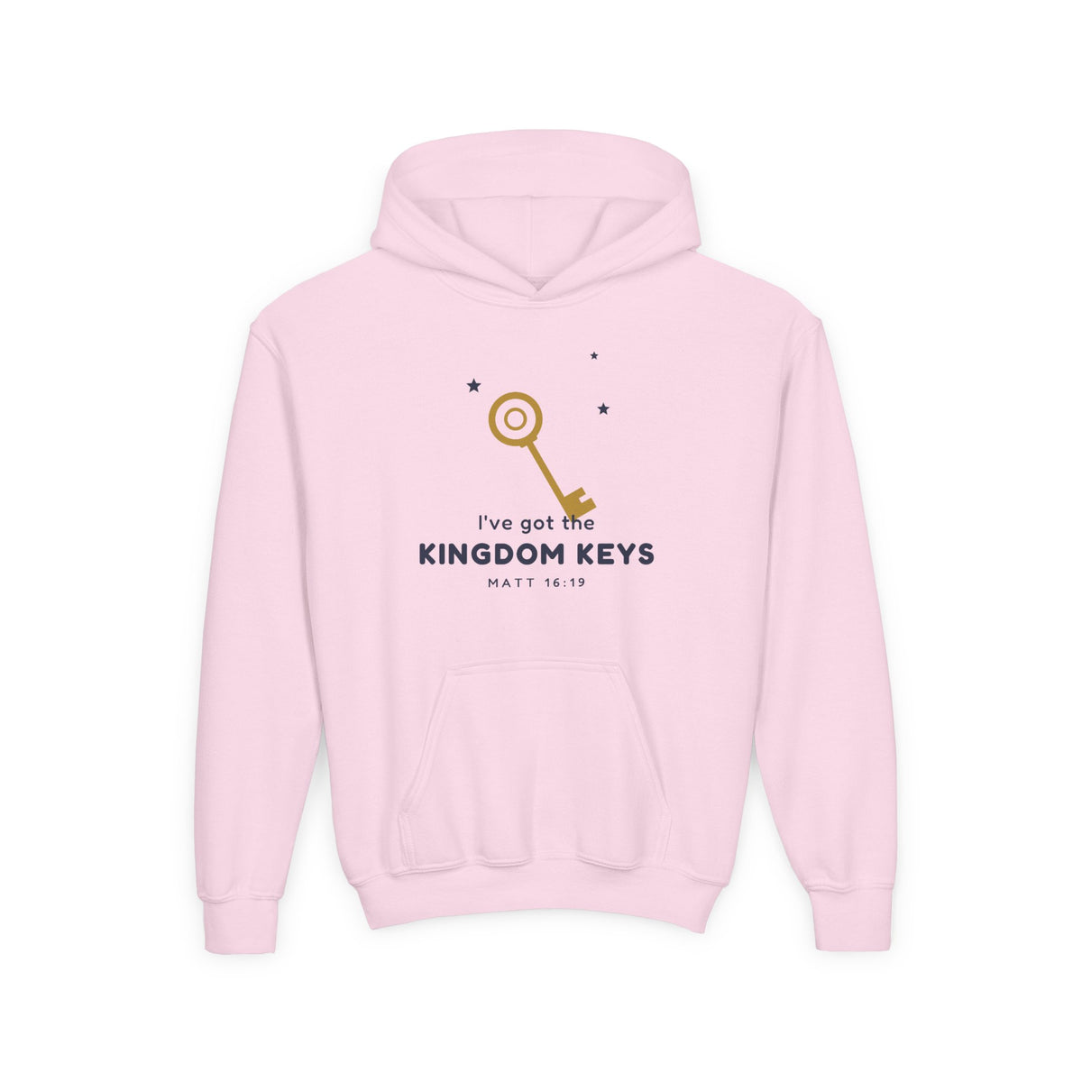Kingdom Keys Youth Hoodie, kids' hoodie, Light Pink, front view, I'VE GOT THE KINGDOM KEYS., Matthew 16:19 (KJV)