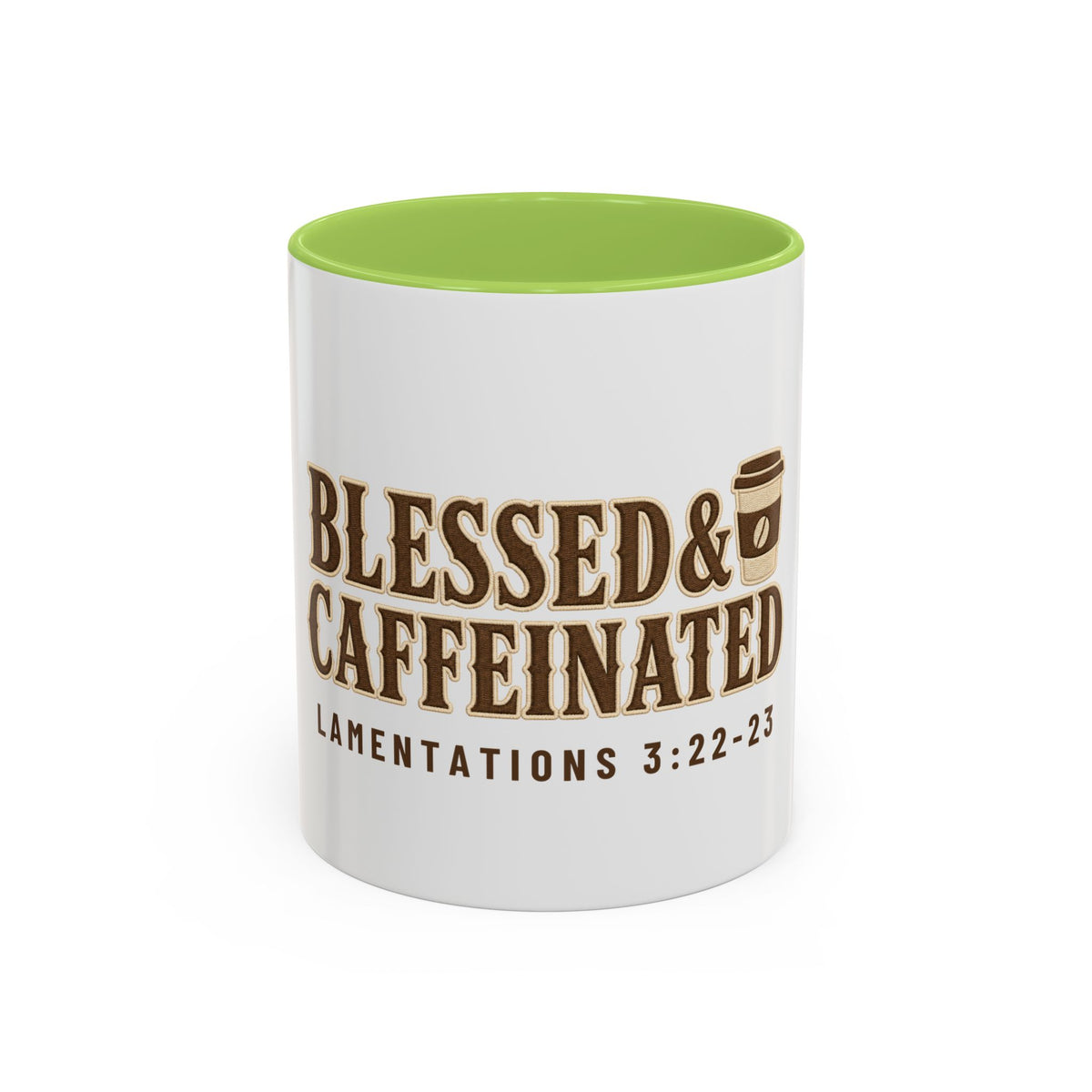Blessed & Caffeinated Mug, mug, Light Green inside and handle, front view, BLESSED & CAFFEINATED, Lamentations 3:22-23 (KJV)