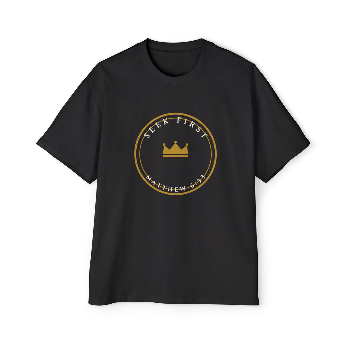 Seek First Crest Oversized Tee, t-shirt, Black, front view, SEEK FIRST., Matthew 6:33 (KJV)