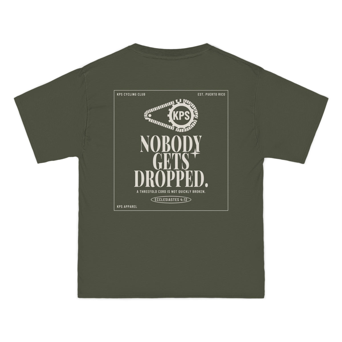 KPS Cycling Club Tee, Fatigue Green, back view, KPS CYCLING CLUB. Ecclesiastes 4:12 (KJV)