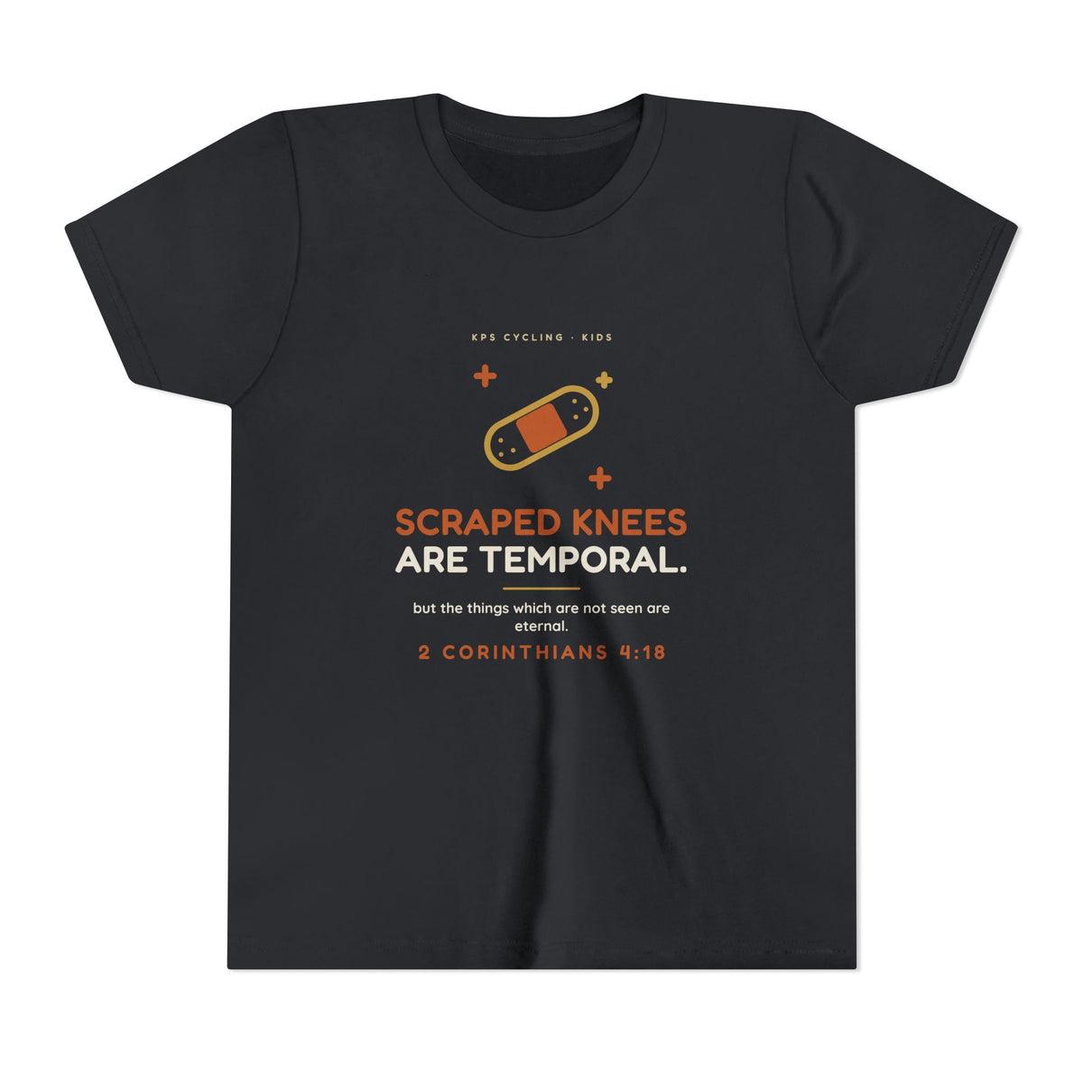 Scraped Knees Are Temporal Youth Tee, Vintage Black, front view, SCRAPED KNEES ARE TEMPORAL. 2 Corinthians 4:18 (KJV)