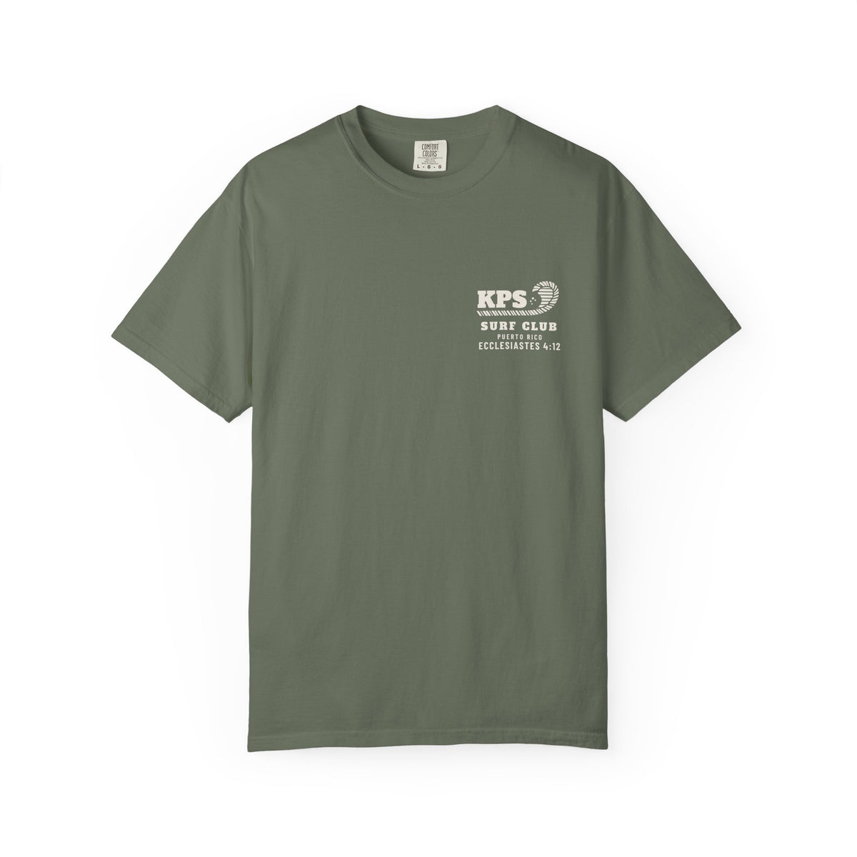 KPS Surf Club Tee, Moss, front view, KPS SURF CLUB. Ecclesiastes 4:12 (KJV)