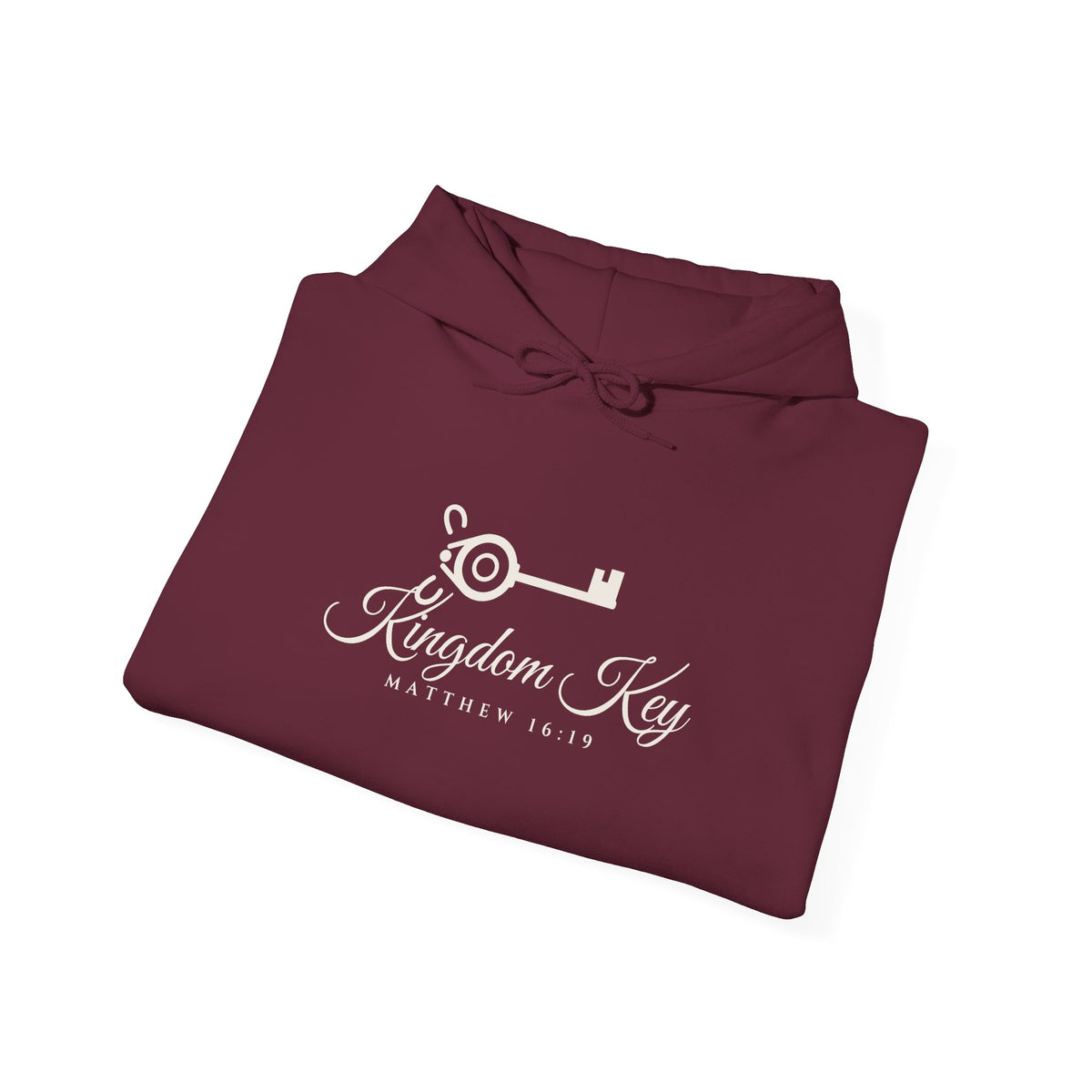Kingdom Key Hoodie in Maroon, folded: Kingdom Key script and key chest print, Matthew 16:19 (KJV)