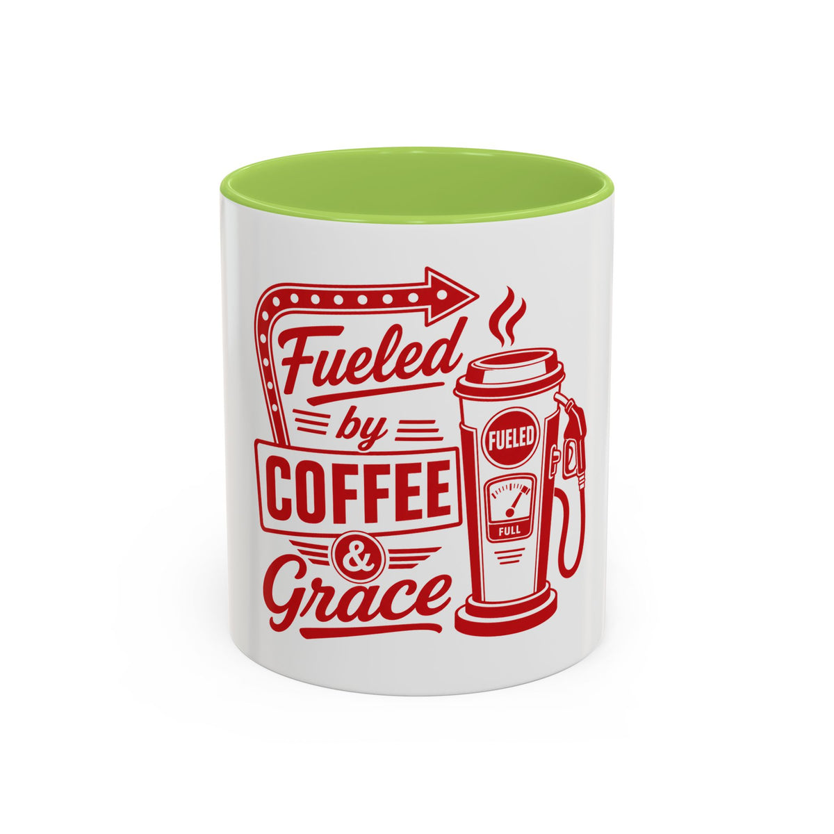 Fueled by Coffee & Grace Mug, mug, Light Green inside and handle, front view, FUELED BY COFFEE & GRACE., 2 Corinthians 12:9 (KJV)